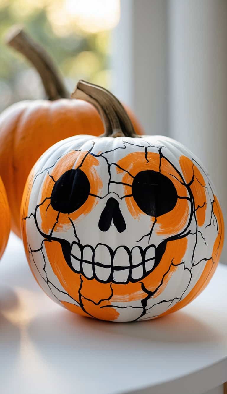 Close-up of one or two pumpkins painted with colorful skull faces and cracks, placed on a tabletop under soft daylight.