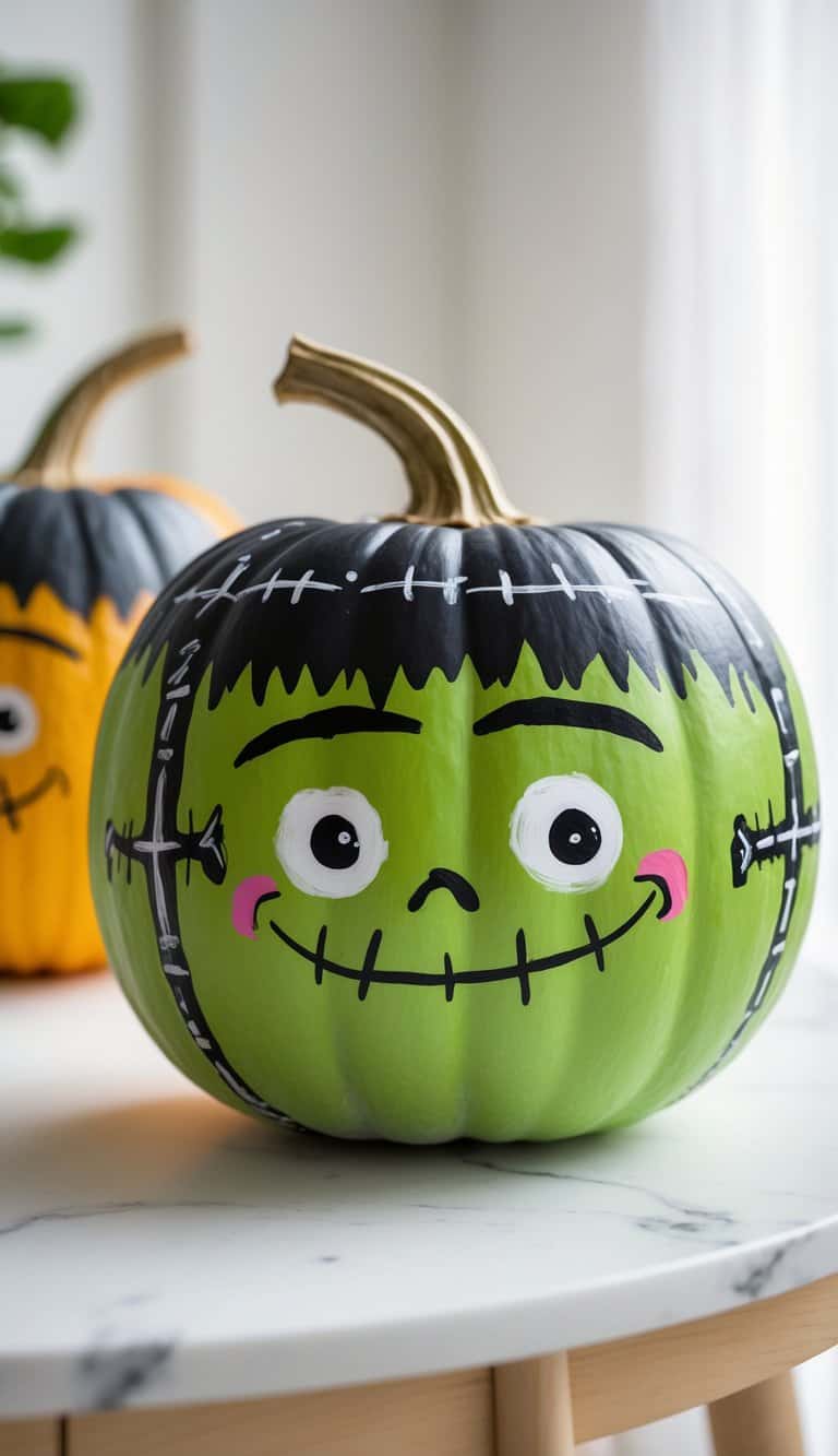 Close-up of one or two pumpkins painted with a friendly Frankenstein monster face on a plain tabletop.