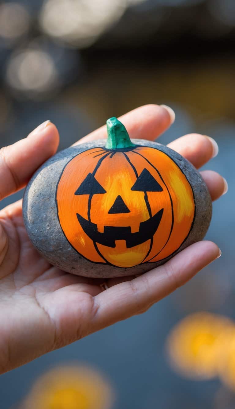 A hand holding a smooth river rock painted to look like a pumpkin with a jack-o'-lantern face.