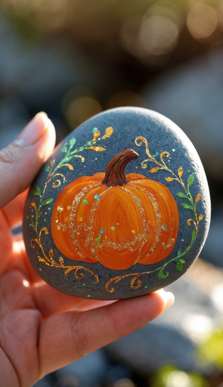 A hand holding a smooth river rock painted with an orange pumpkin and glittery green vines.