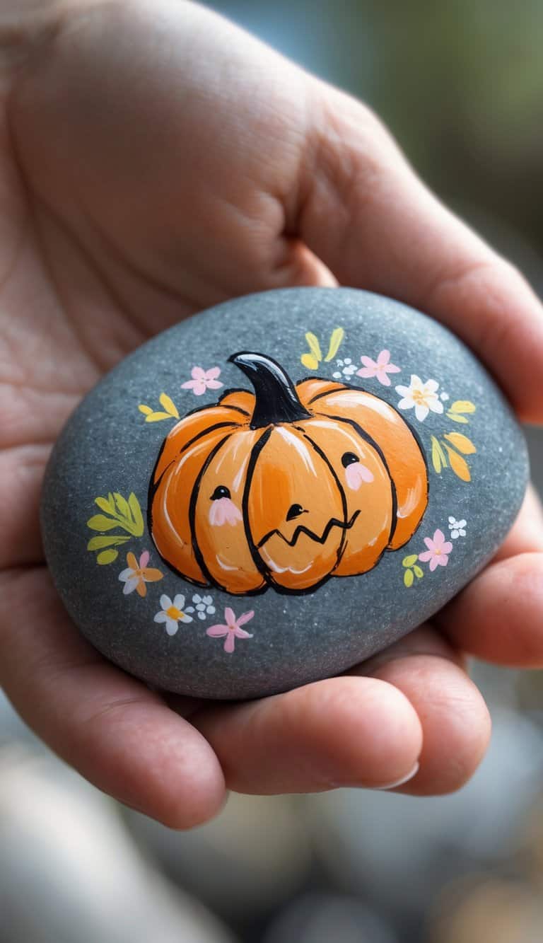 Hand holding a smooth river rock painted with a small pumpkin and tiny flowers.