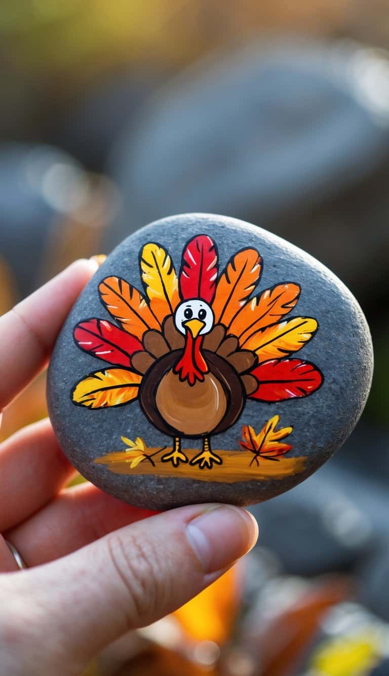 A hand holding a smooth river rock painted with a colorful Thanksgiving turkey design.