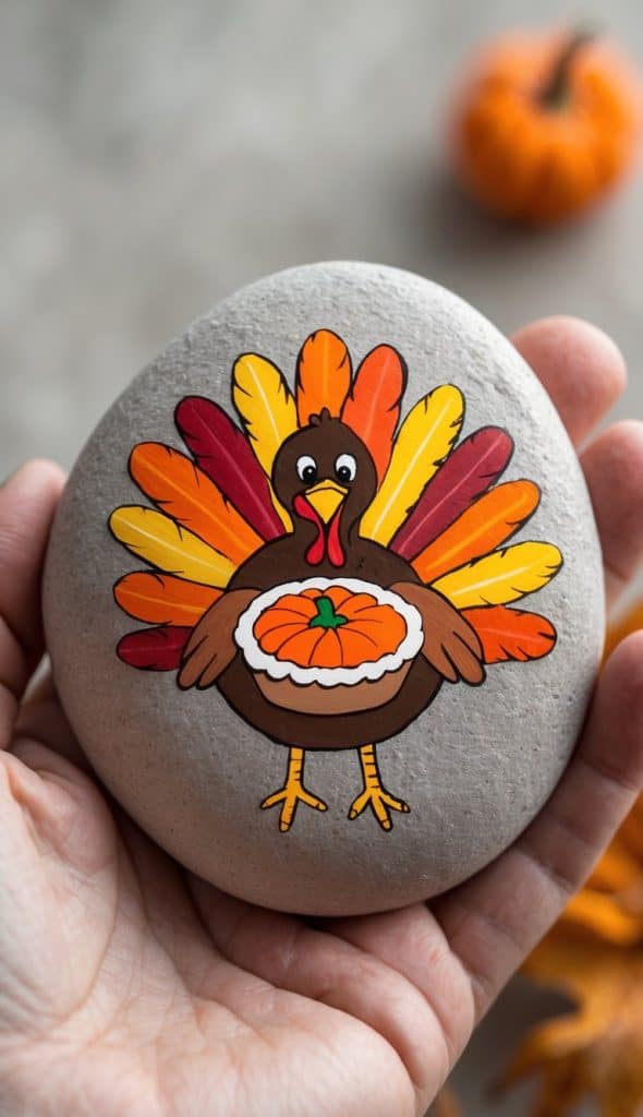 A hand holds a smooth stone painted with a cartoon turkey holding a pumpkin pie, with colorful feathers in the background.