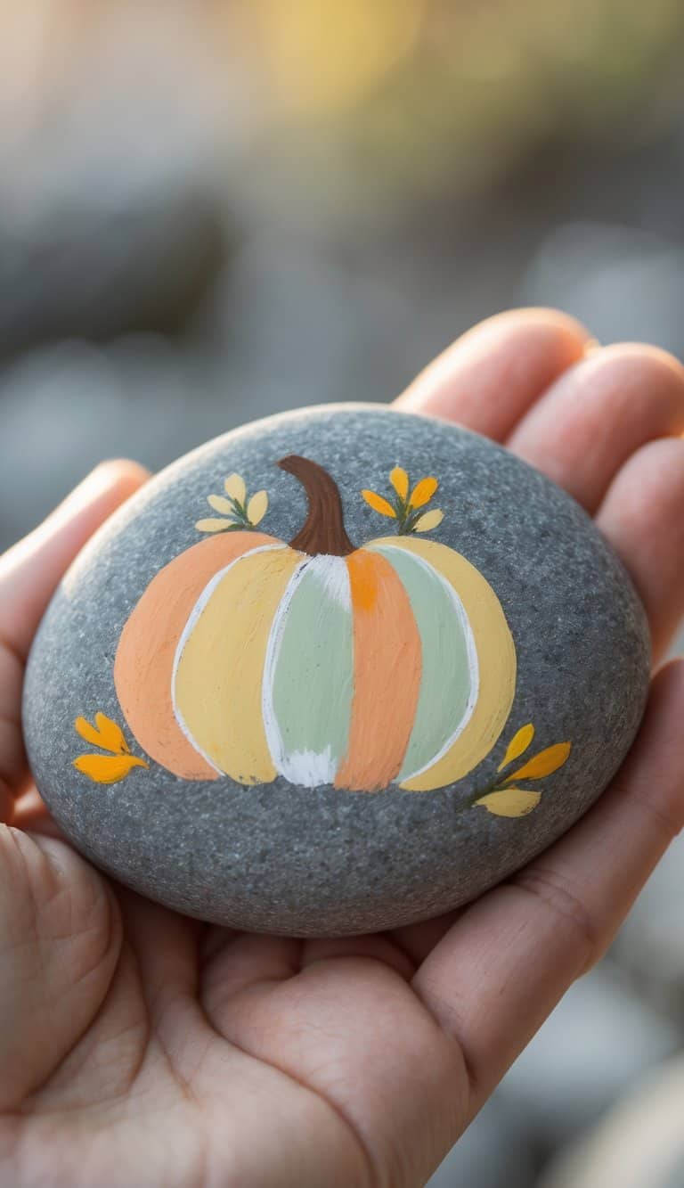 A hand holding a smooth river rock painted with a simple pastel-colored pumpkin design.