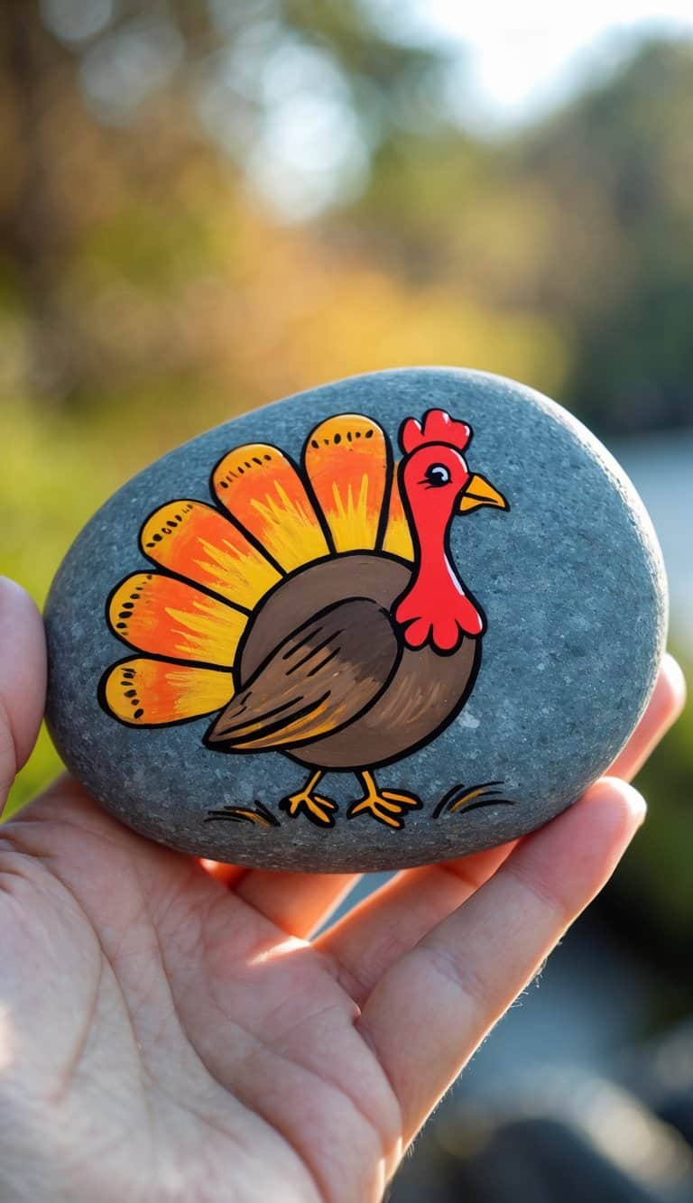 A hand holding a smooth river rock painted with a colorful turkey design.