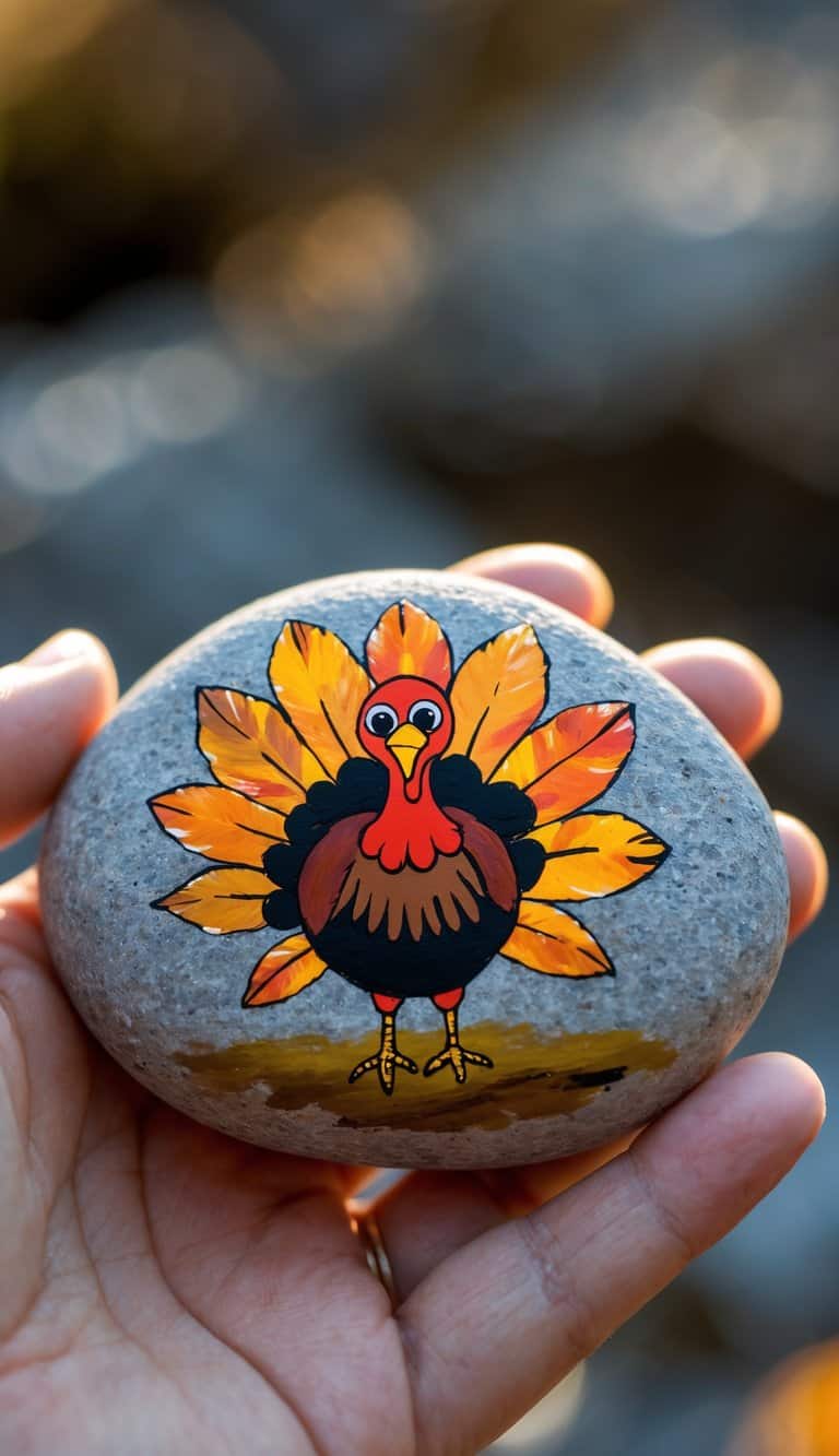 A hand holding a smooth painted rock featuring a turkey with a sunflower crown.