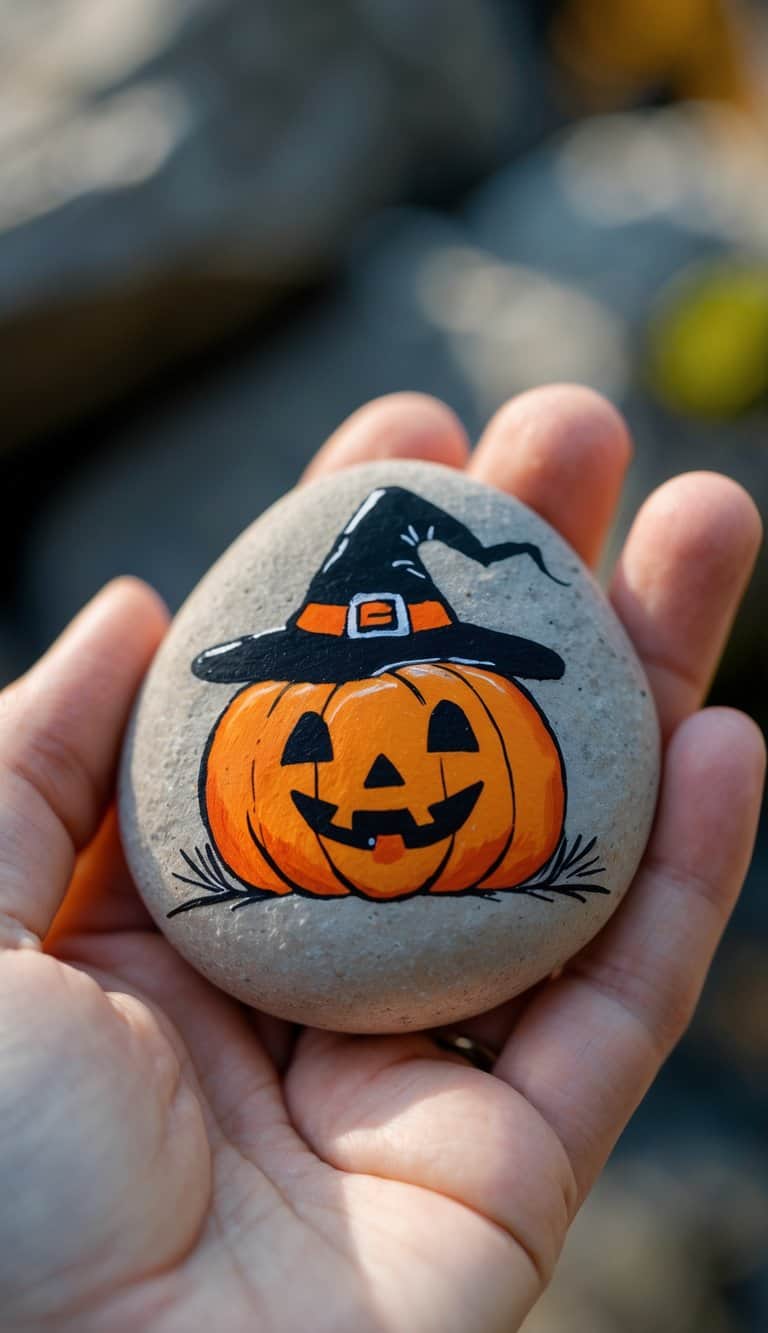 A hand holding a smooth river rock painted with an orange pumpkin wearing a smiling witch hat.
