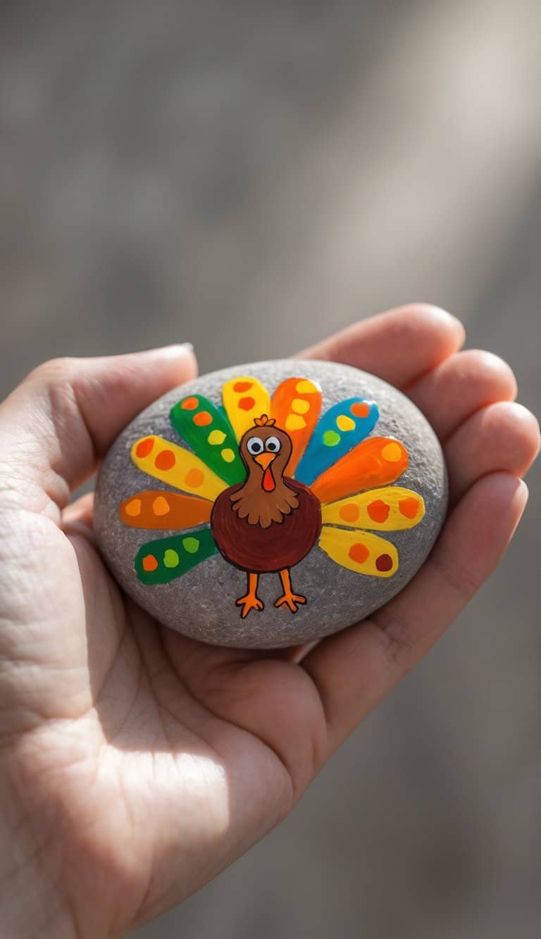A hand holding a smooth river rock painted with a colorful turkey featuring polka dot feathers.