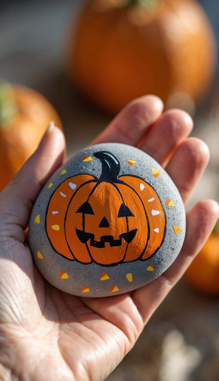 A hand holding a smooth river rock painted with a pumpkin design featuring candy corn patterns.
