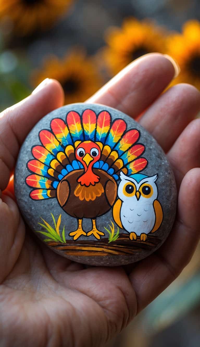 A hand holding a smooth river rock painted with a turkey and a friendly owl.