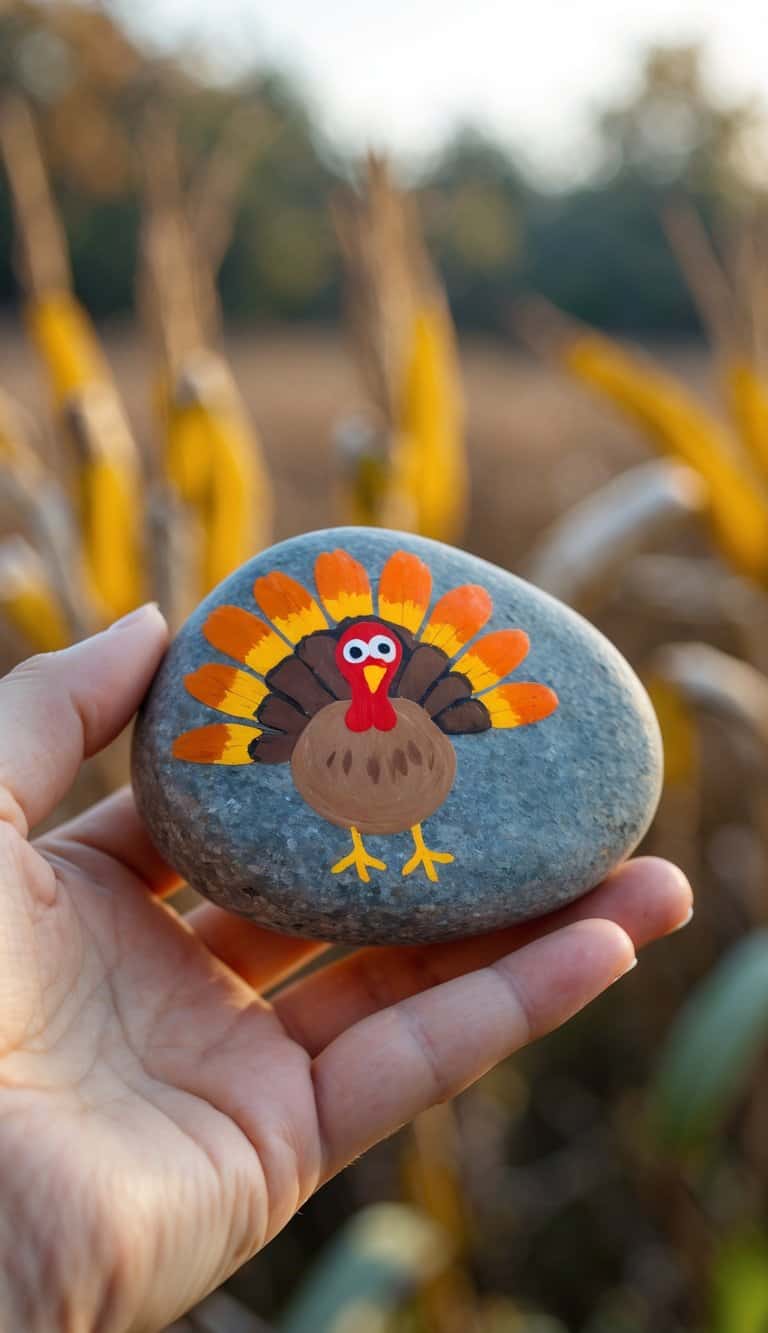 Hand holding a smooth river rock painted with a colorful turkey design, with corn stalks in the background.