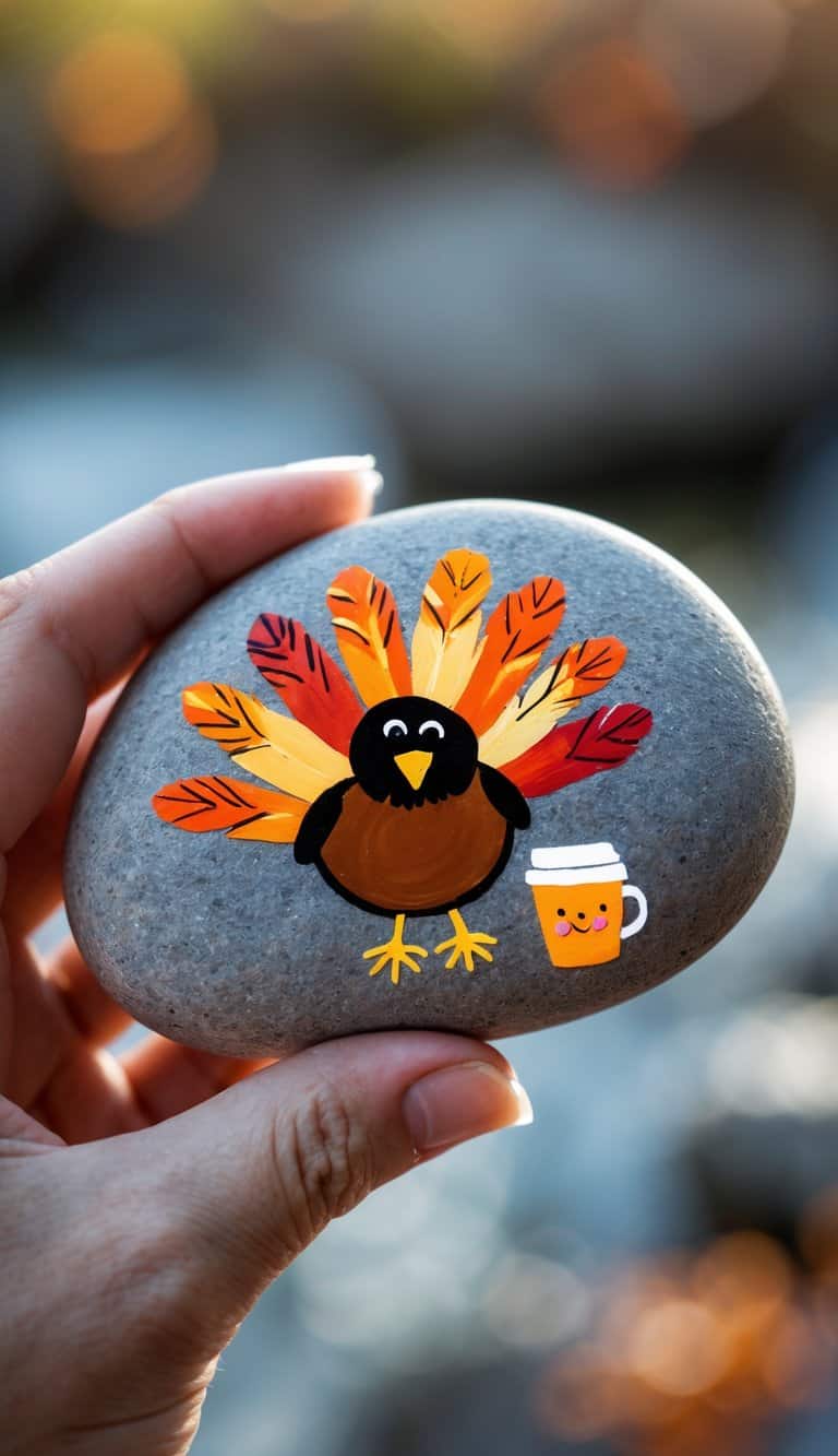 A hand holding a smooth river rock painted with a turkey and a pumpkin spice latte cup.