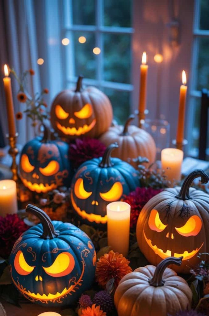 A table decorated with glowing carved pumpkins, candles, and autumn flowers, creating a Halloween-themed centerpiece near a window.