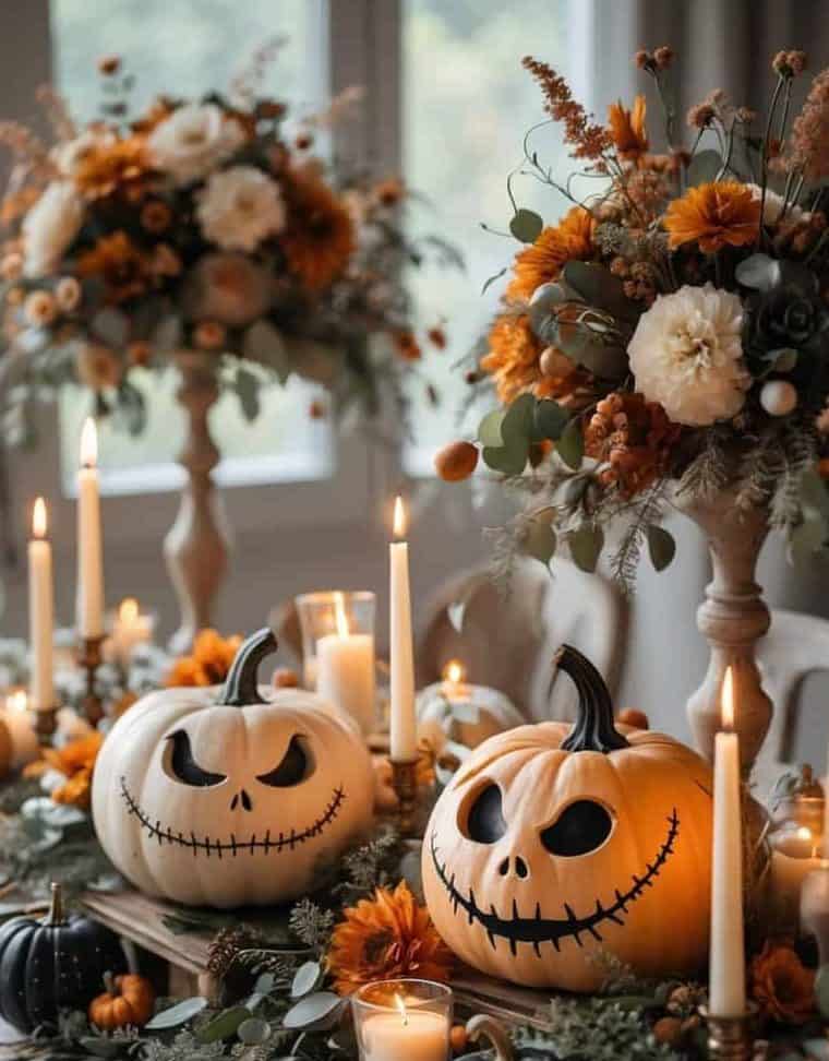 A festive autumn table setting with carved jack-o'-lantern pumpkins, candles, flowers, and place settings, creating a warm and inviting Halloween atmosphere.