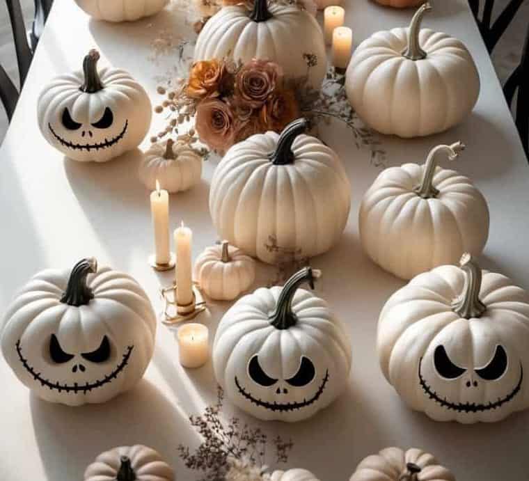 A long dining table is decorated with white and orange pumpkins, some with painted faces, candles, and flower arrangements in a bright, sunlit room.