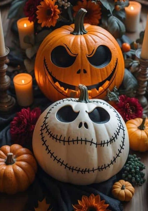 A fall-themed table setting with plates, candles, flowers, and carved pumpkins featuring smiling Jack Skellington faces as the centerpiece.