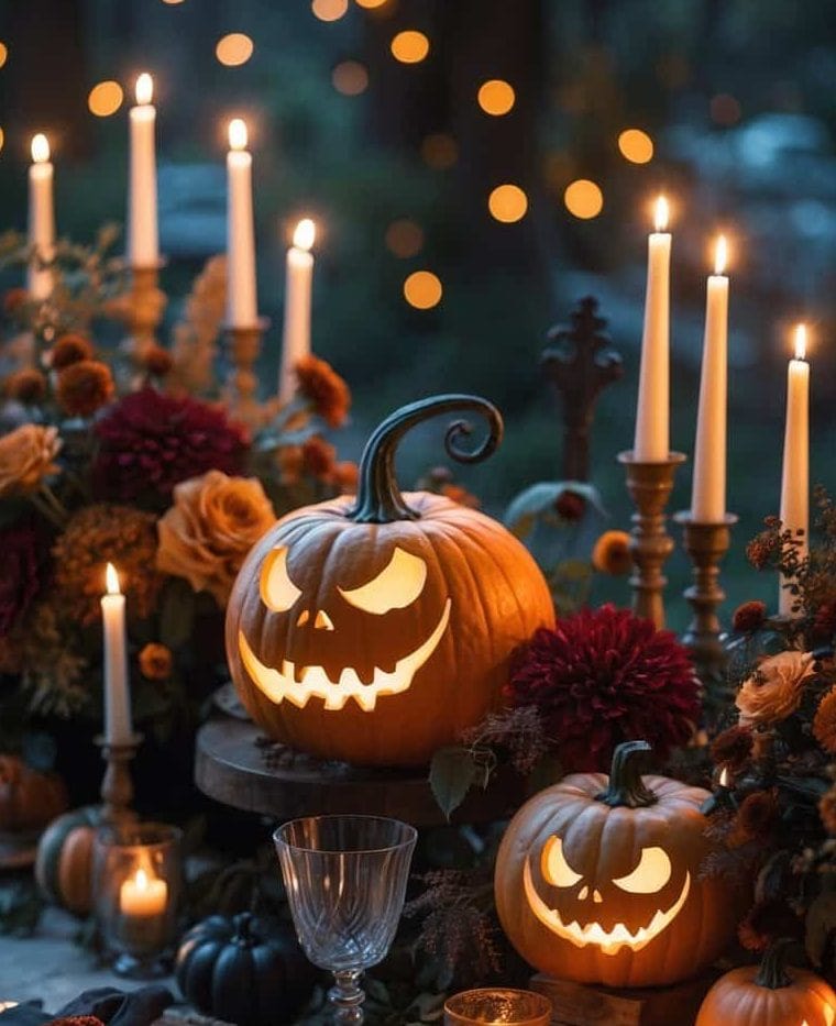 A Halloween-themed table setting with carved jack-o’-lanterns, lit candles, autumn flowers, and dinnerware arranged for a festive celebration.