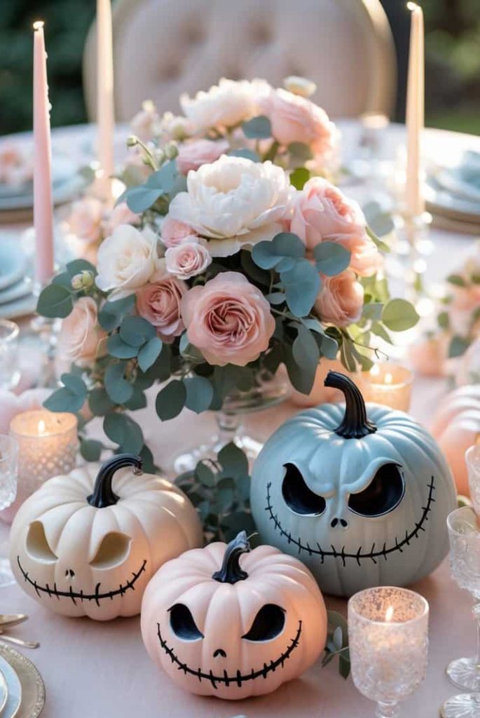 Elegant table setting with pastel jack-o’-lanterns, pink and white roses, candles, and glassware arranged for a festive event.