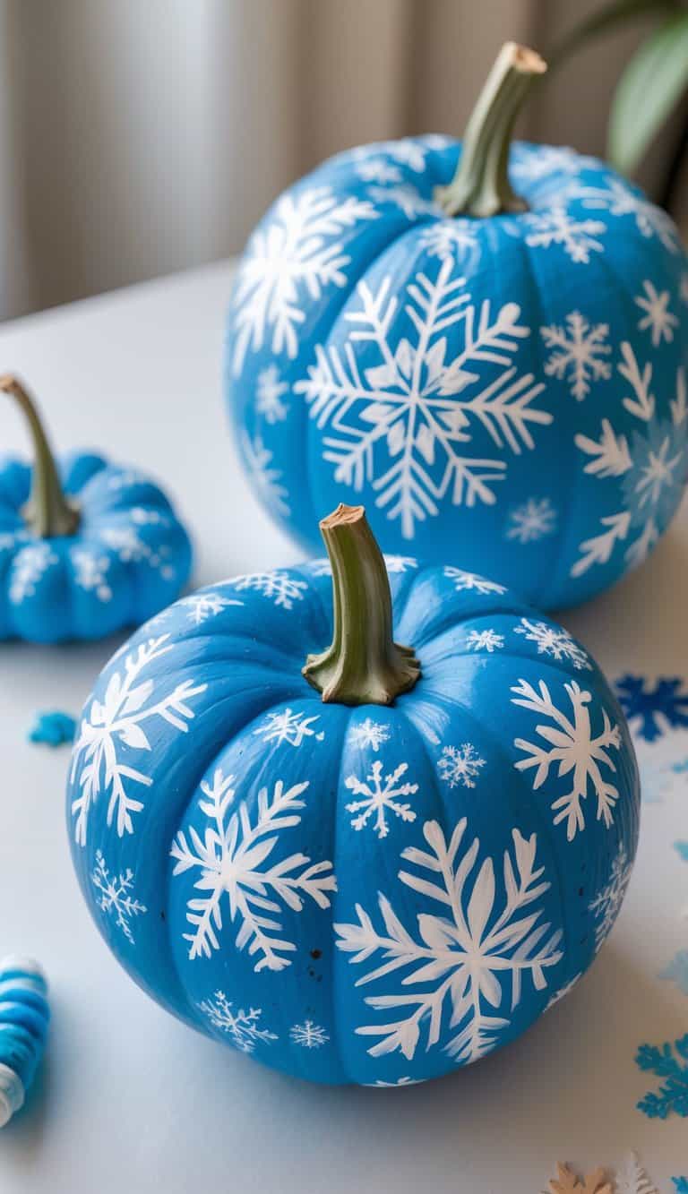 One or two pumpkins hand-painted with blue and white snowflake designs on a tabletop under soft daylight.