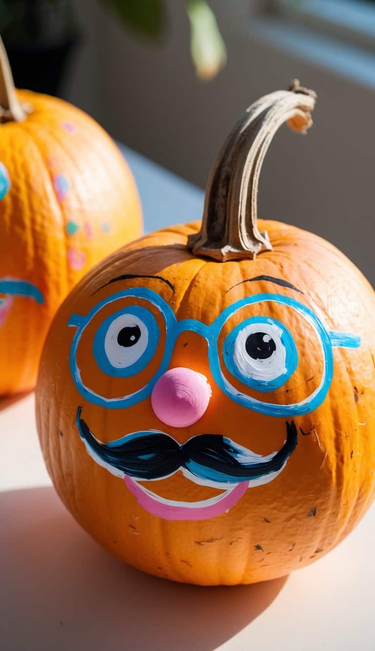 Close-up of one or two pumpkins painted with funny glasses and a mustache on a simple tabletop.