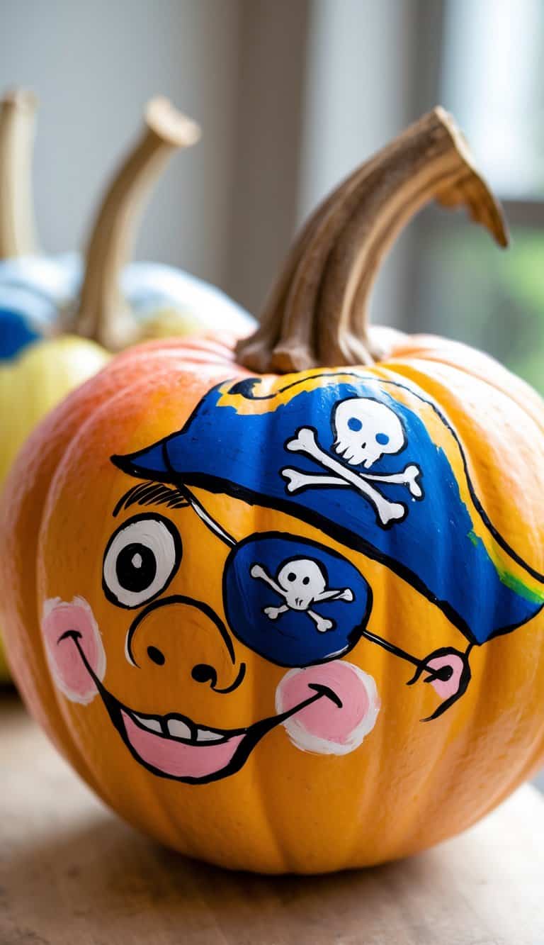 Close-up of one or two pumpkins painted with a pirate hat and eye patch, placed on a tabletop with soft daylight.
