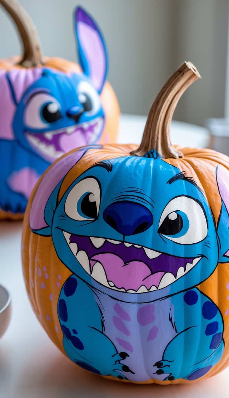 One to two small pumpkins painted with a blue alien character, placed on a tabletop with soft natural light.