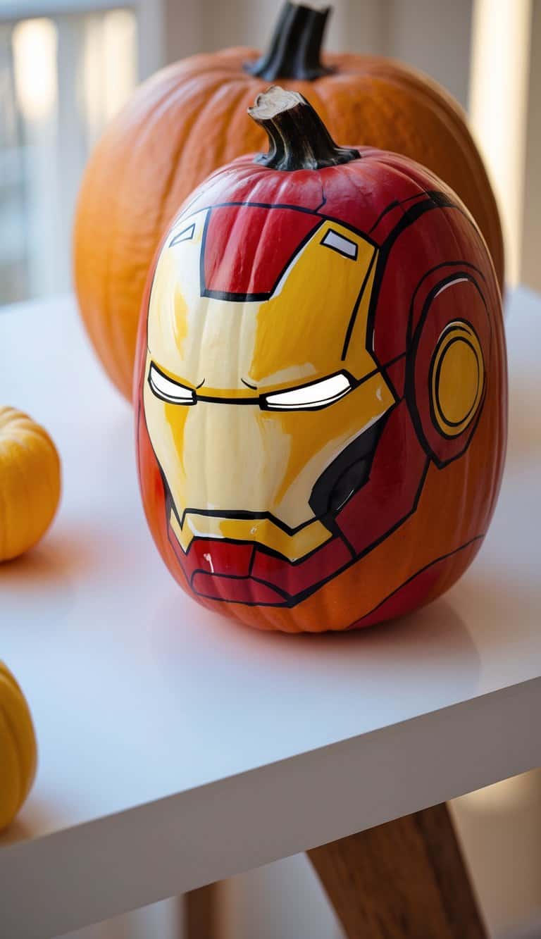 One to two pumpkins painted with an Iron Man helmet design placed on a tabletop in soft daylight.