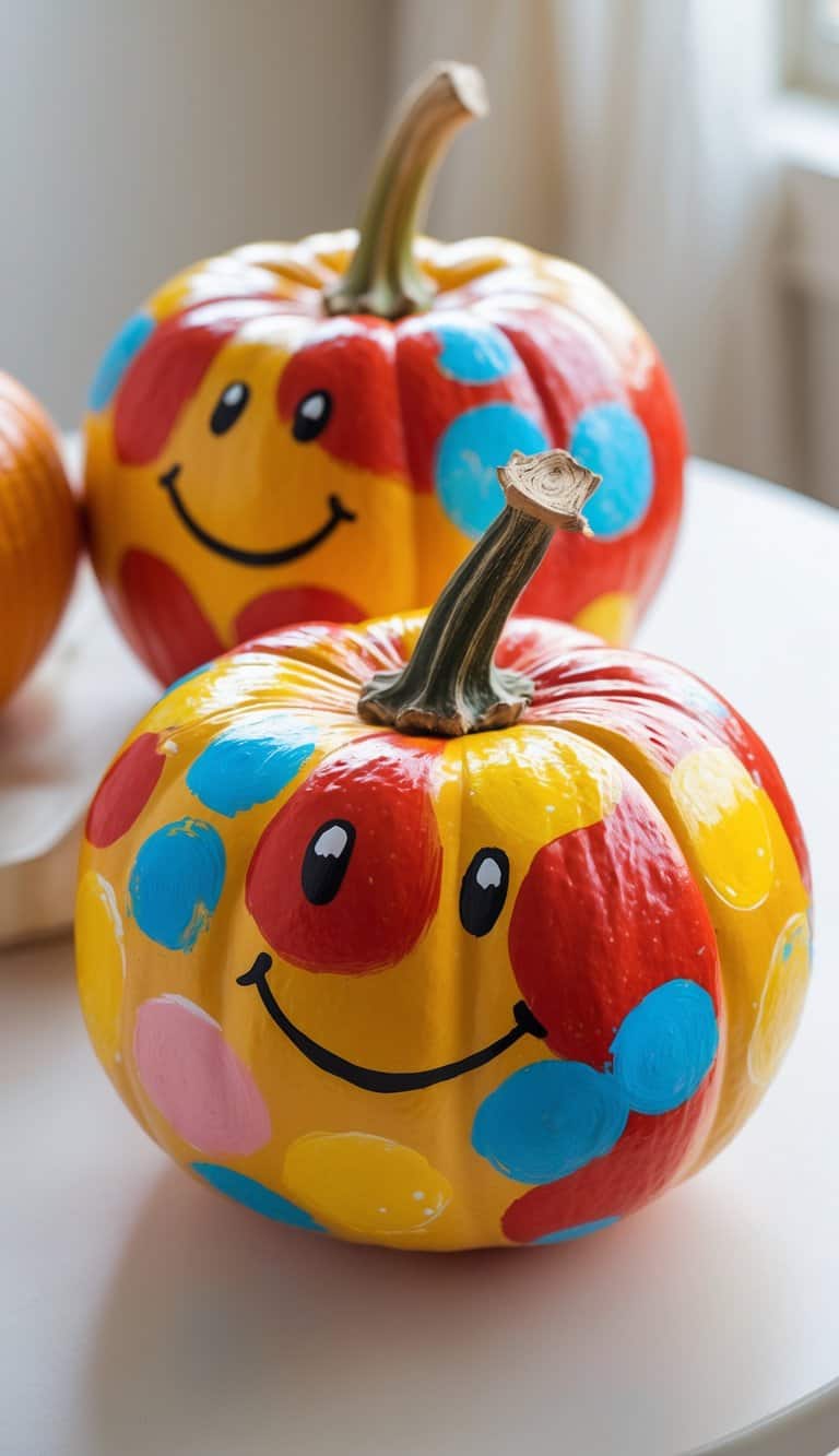 Close-up of one to two small pumpkins painted with colorful polka dots and smiling faces on a tabletop.