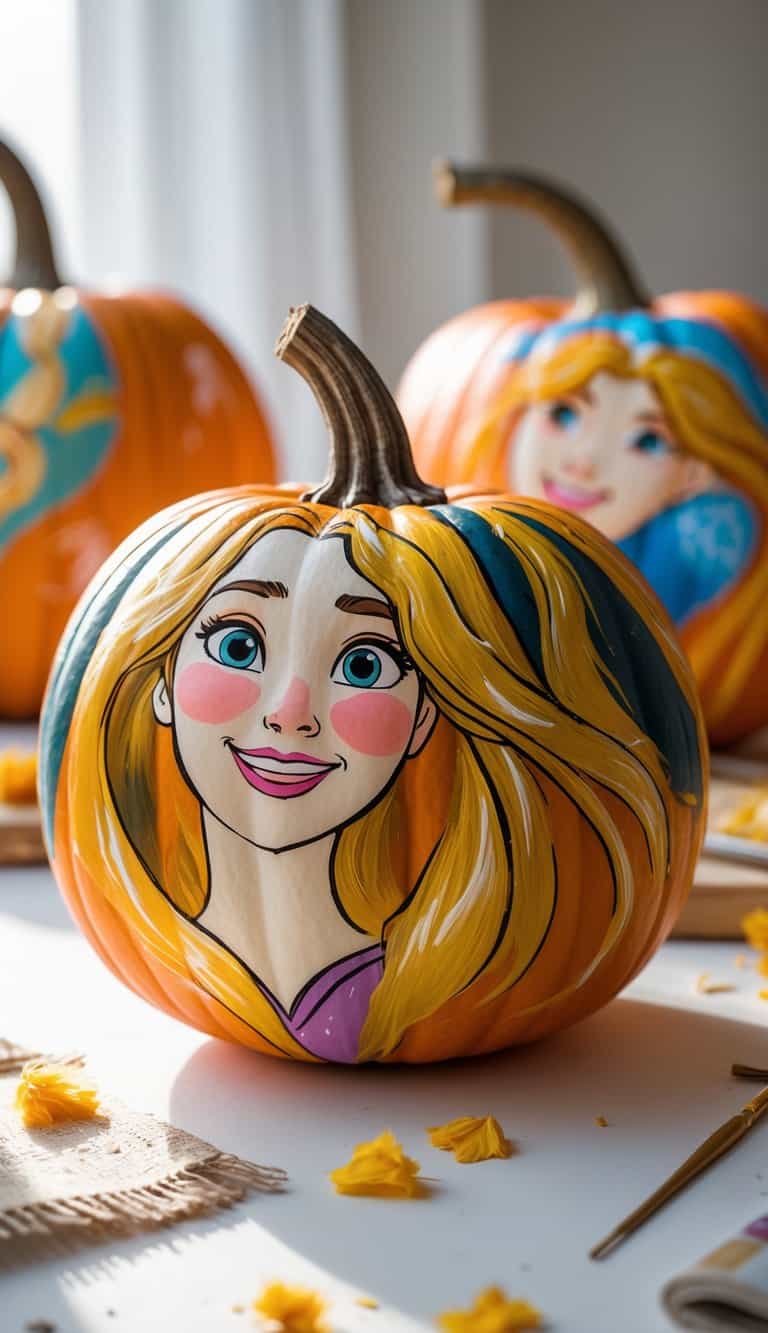 Close-up image of one or two pumpkins hand-painted with colorful designs inspired by Rapunzel, placed on a simple tabletop with soft natural light.