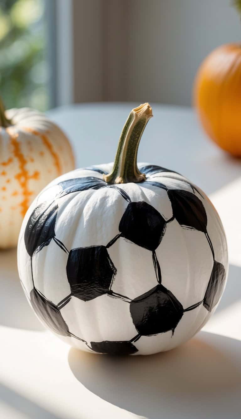 Close-up of one or two pumpkins painted with a black-and-white soccer ball design on a simple tabletop under soft daylight.