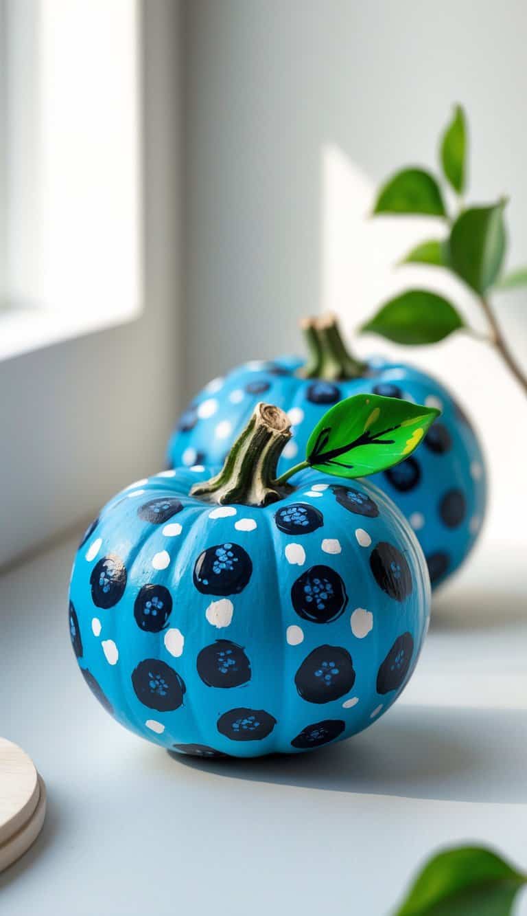 Two small pumpkins painted blue with black and white polka dots sit on a white surface near a leafy plant and a window.