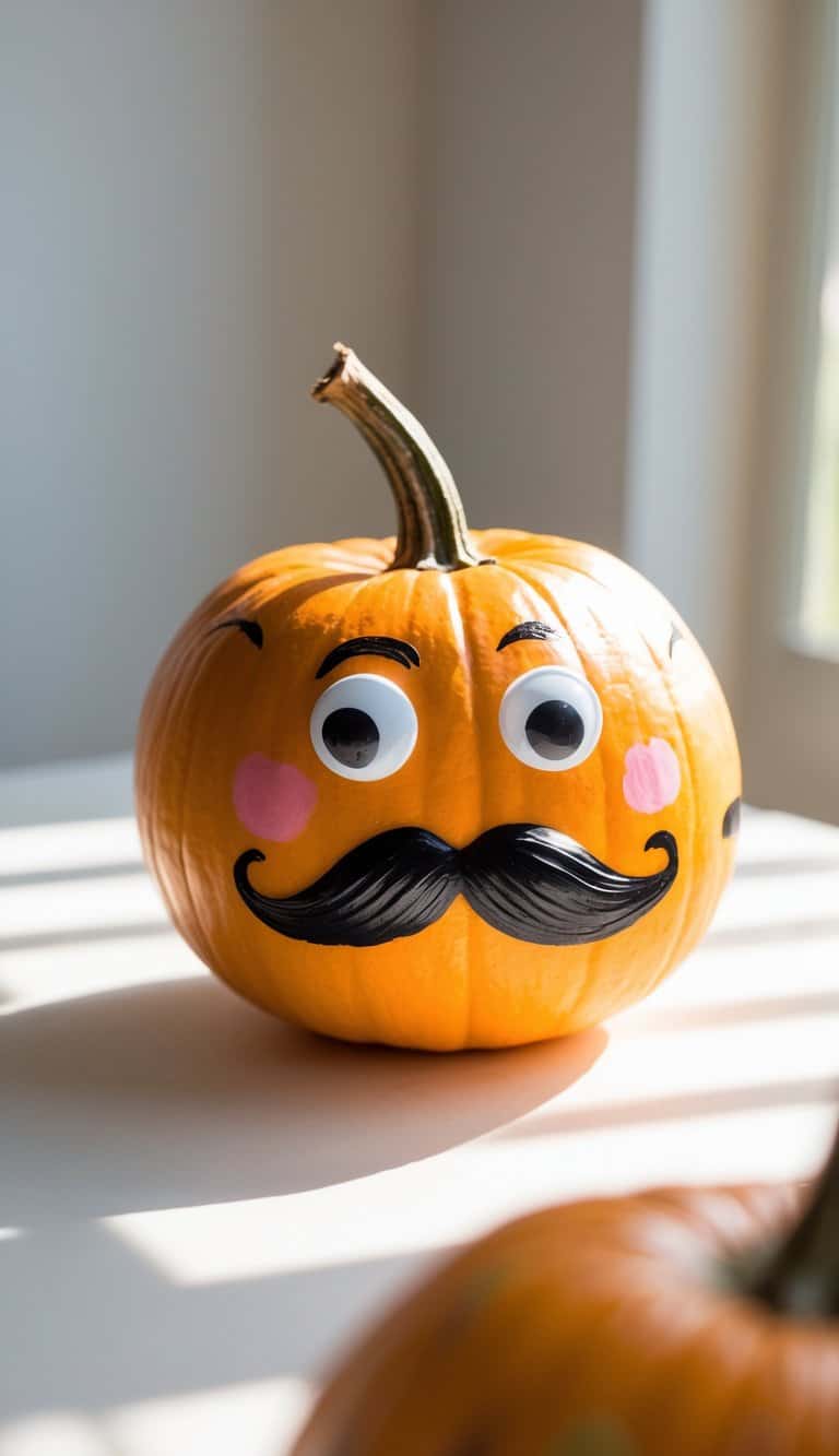 Close-up of one or two painted pumpkins on a table, one with a mustache and googly eyes, brightly colored and smiling.