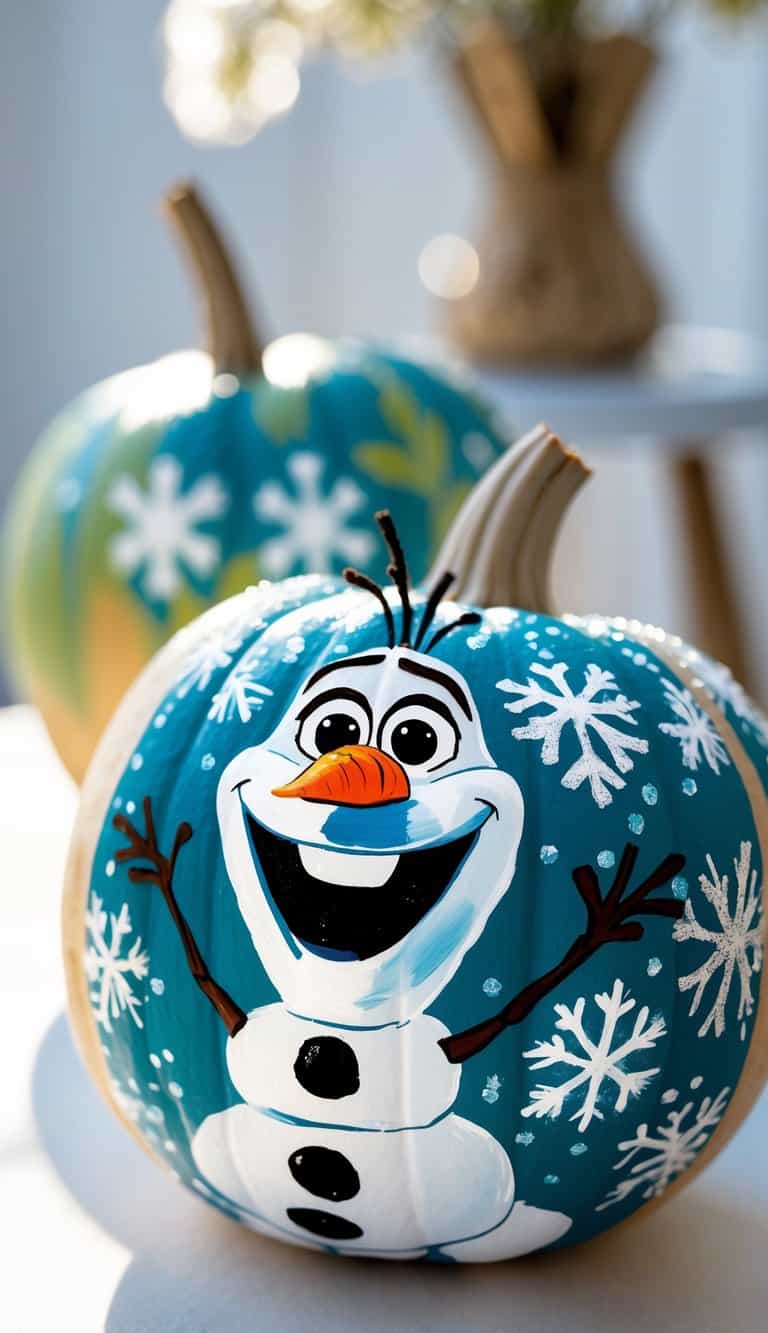 One to two pumpkins painted with a colorful Olaf snowflake design, displayed on a simple tabletop with soft natural light.