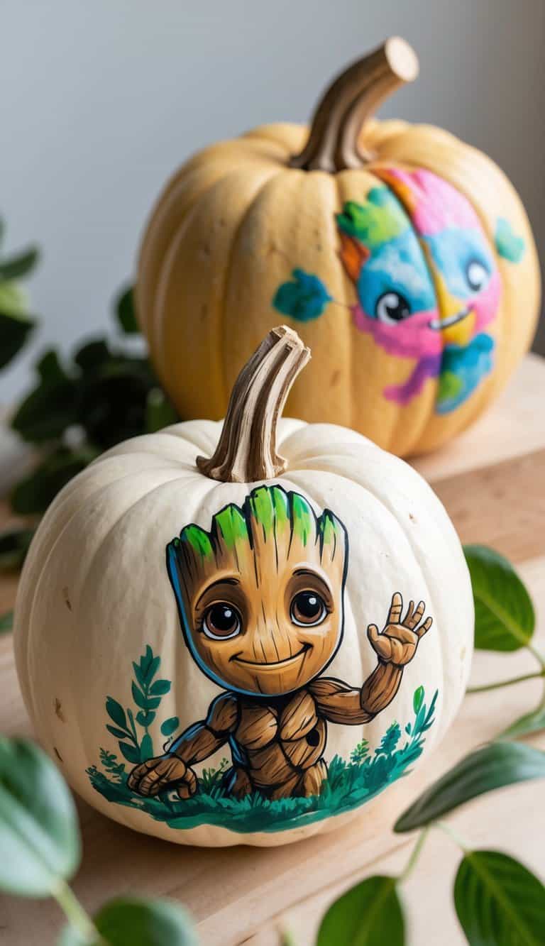 Close-up of one or two painted pumpkins with colorful designs and green leaves on a tabletop.