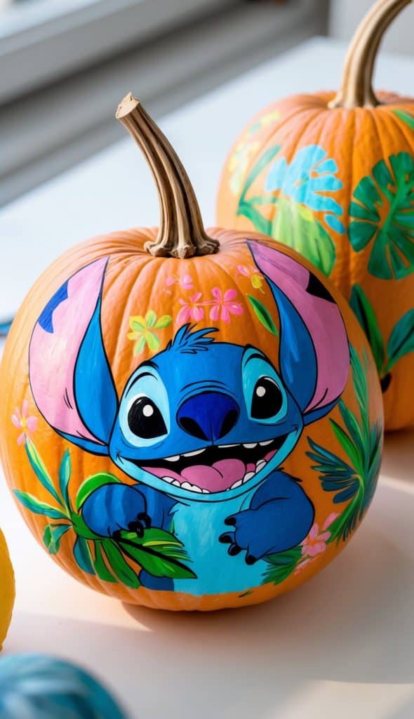A pumpkin painted with a colorful image of Stitch from the movie "Lilo & Stitch," surrounded by leaves and flowers.