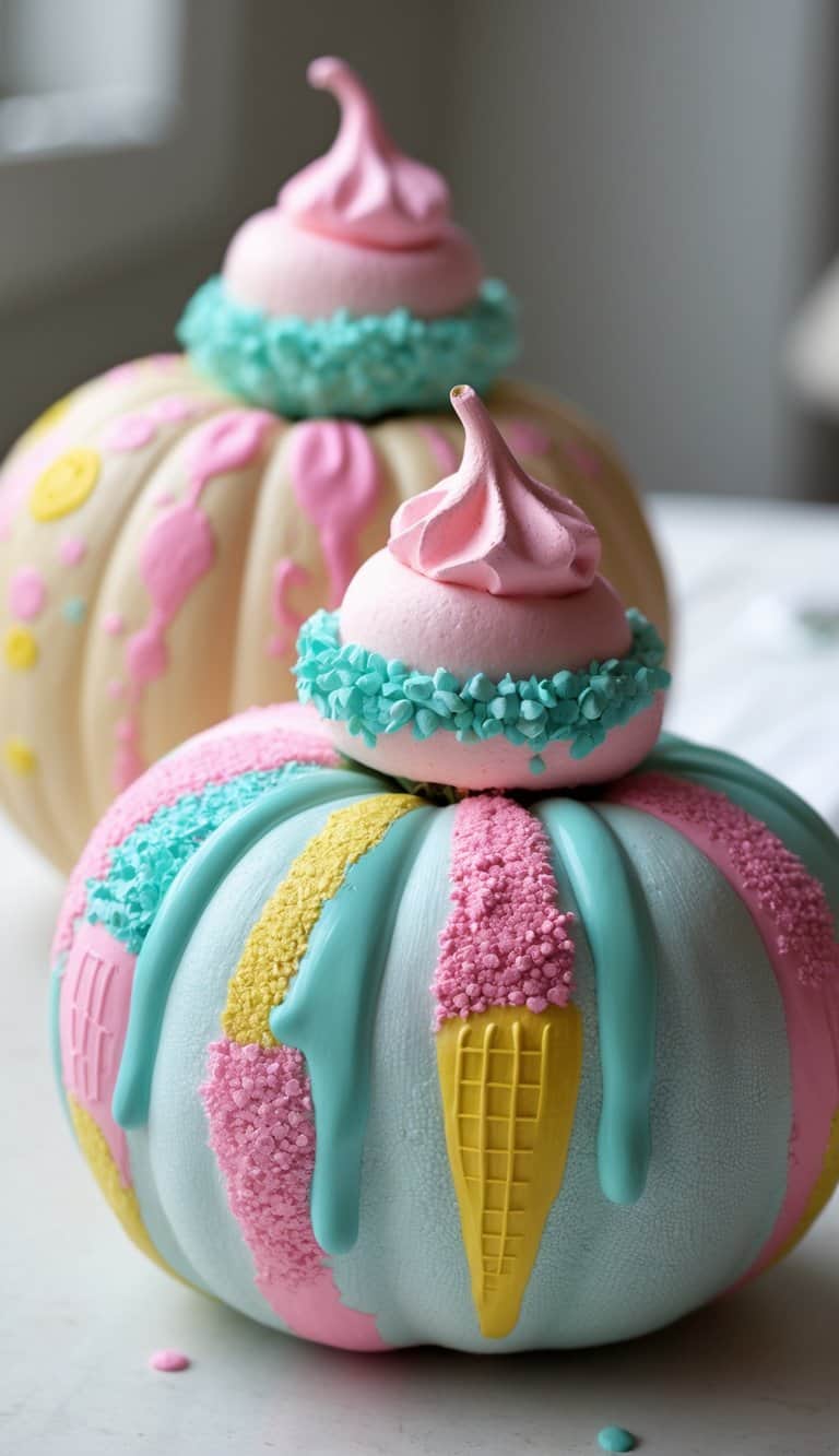 Close-up of one to two pumpkins painted to look like ice cream cones with colorful sprinkles, placed on a clean tabletop.