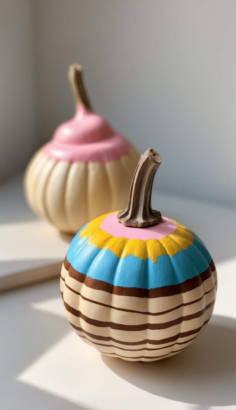 Close-up of one to two pumpkins painted to look like ice cream cones with waffle pattern stripes on the cone portion and colorful tops, placed on a simple tabletop.