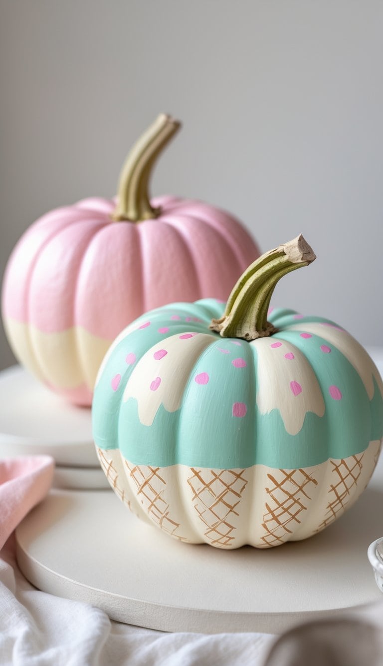 Two pumpkins are painted to resemble ice cream cones, one with pink and cream colors, and the other with mint green, cream, pink dots, and a brown waffle cone pattern.