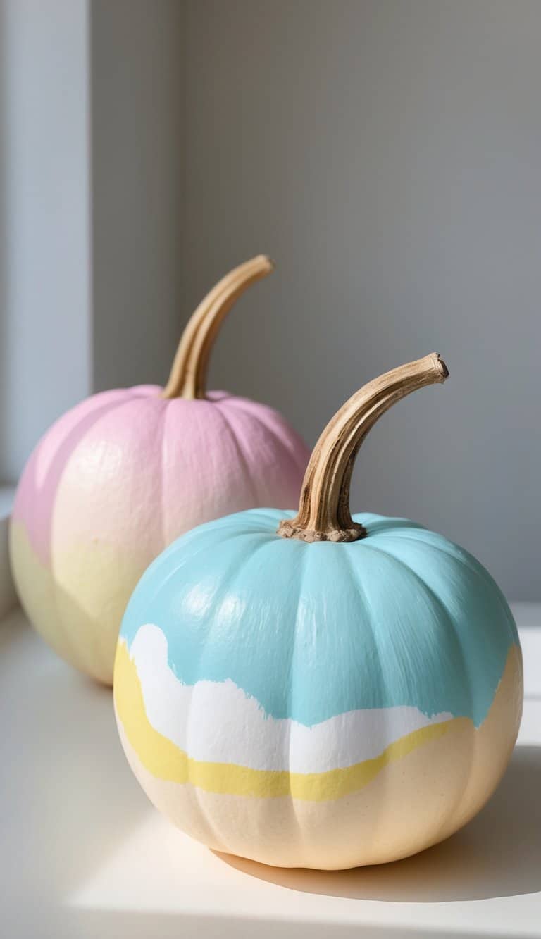 Close-up of one to two pastel-colored pumpkins painted to look like ice cream cones on a clean tabletop with soft natural light.