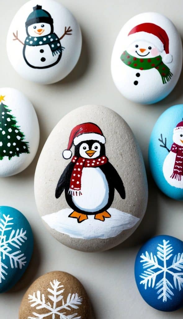 Painted rocks featuring snowmen, snowflakes, a Christmas tree, and a penguin wearing a Santa hat and scarf, arranged on a light surface.