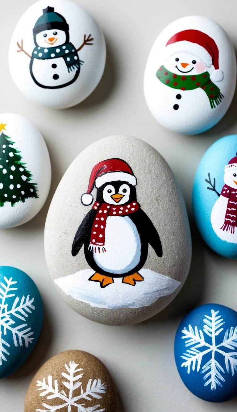 Painted rocks featuring snowmen, snowflakes, a Christmas tree, and a penguin wearing a Santa hat and scarf, arranged on a light surface.