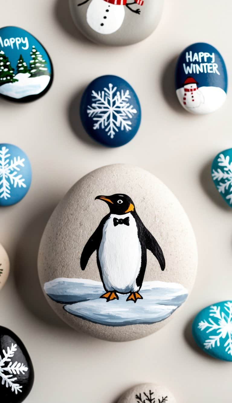 An elegant penguin in a tuxedo stands on a snowy rock, surrounded by other painted rocks featuring various winter-themed designs