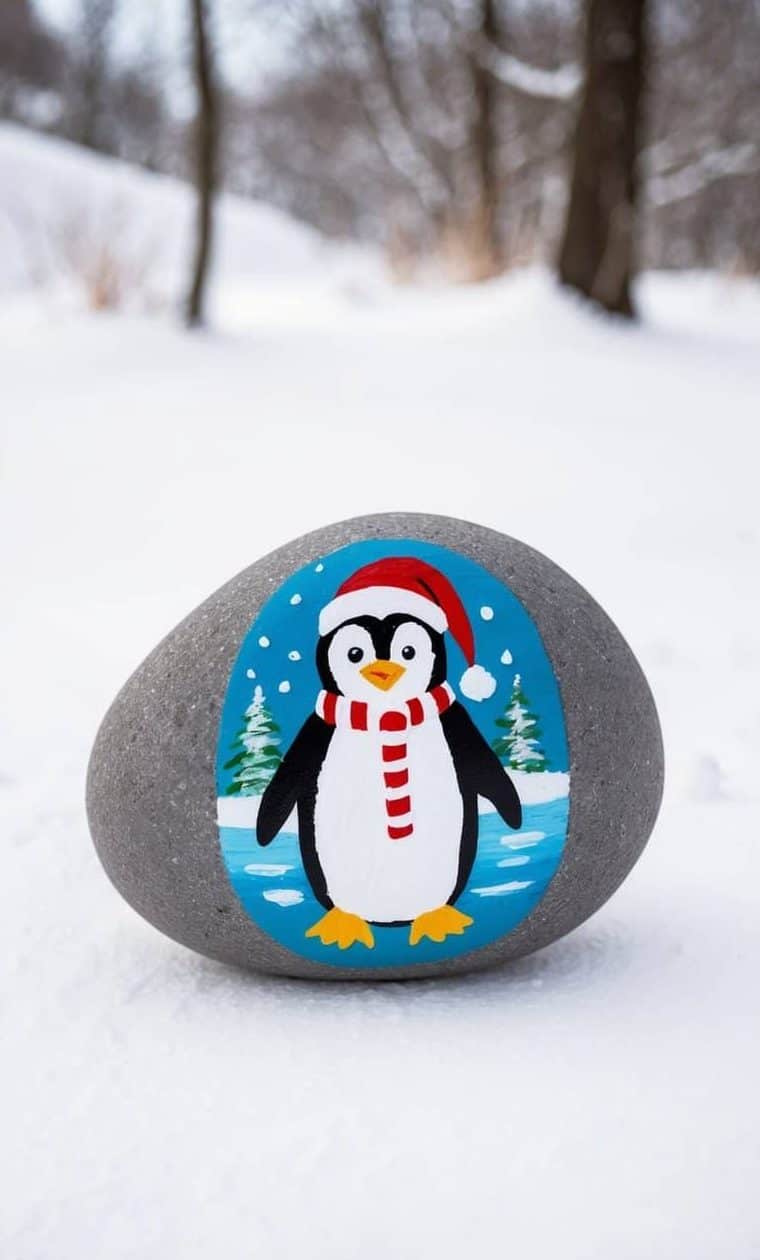 A gray rock painted with a cartoon penguin wearing a red hat and scarf, standing on ice with snowy trees in the background, placed on snow outdoors.