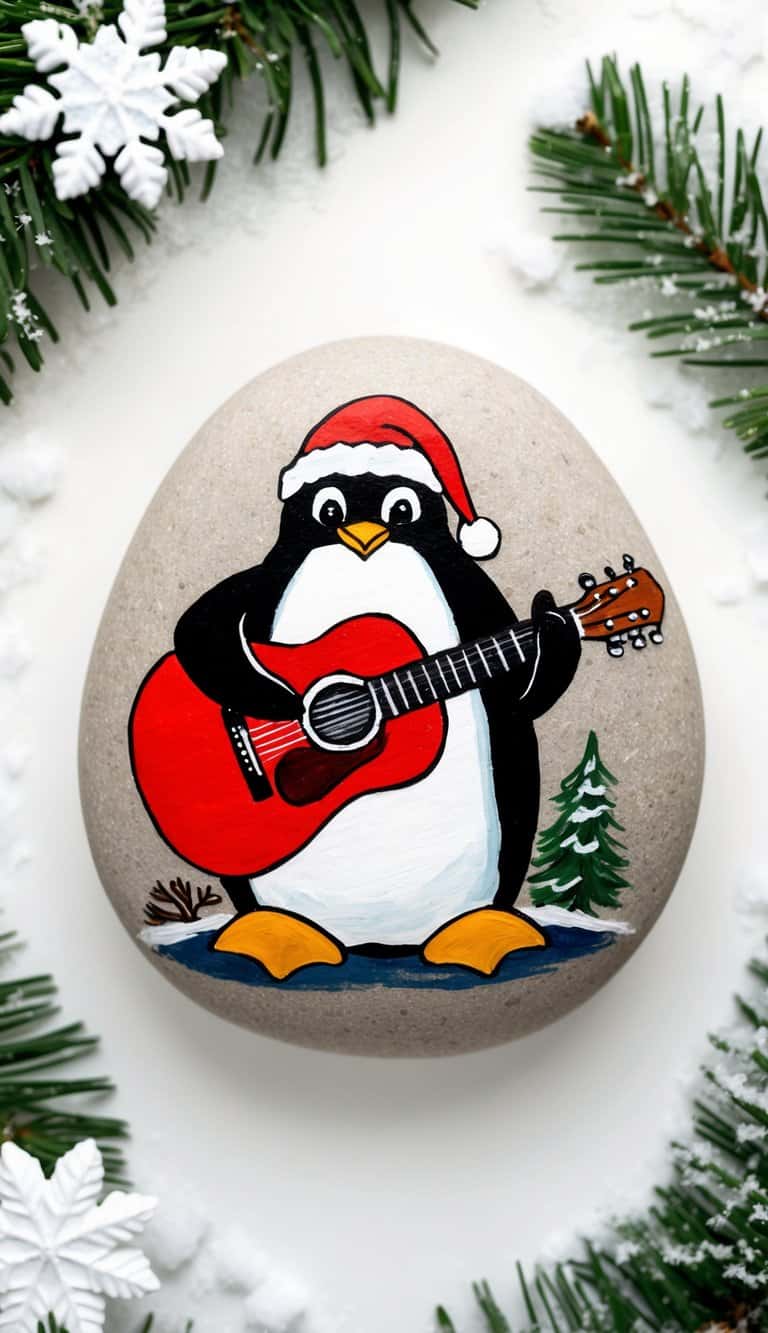 A penguin holding a guitar, surrounded by snow and winter-themed decorations