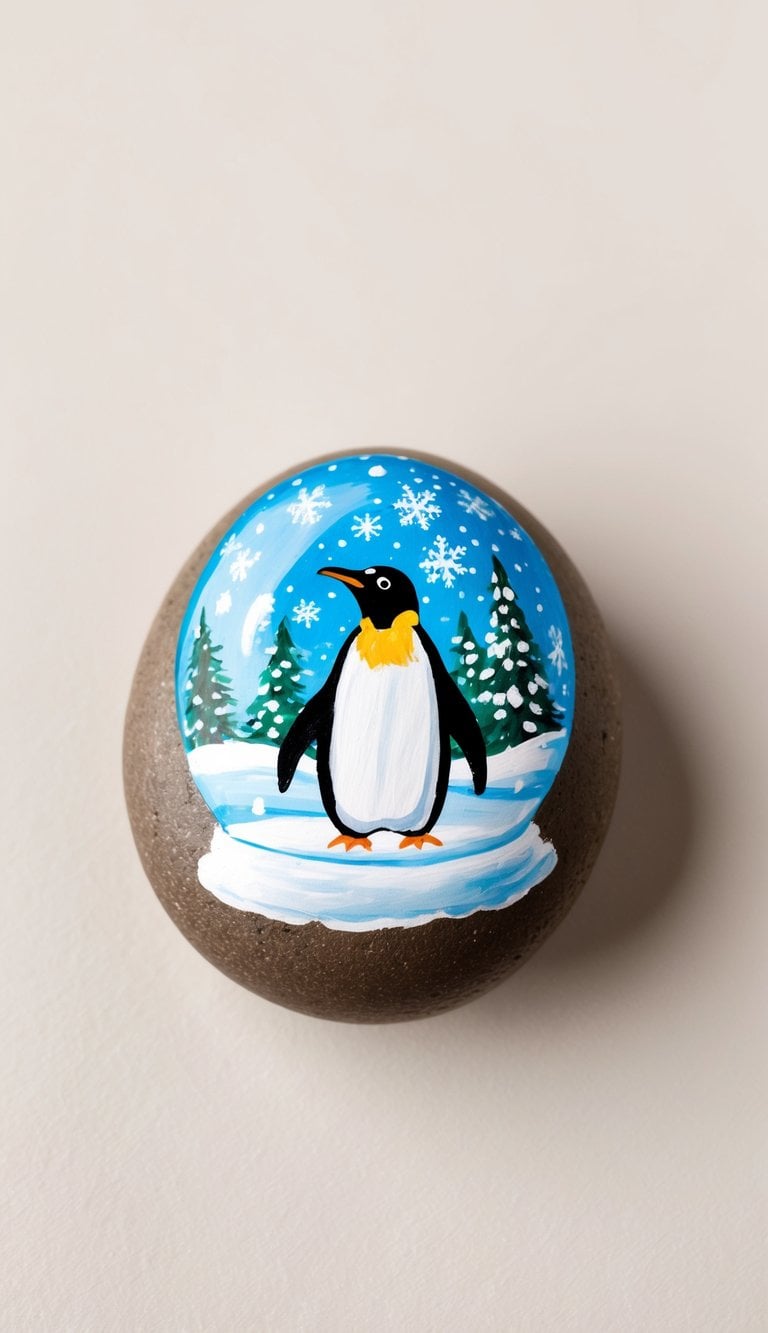 A penguin in a snow globe surrounded by snowflakes and a winter landscape