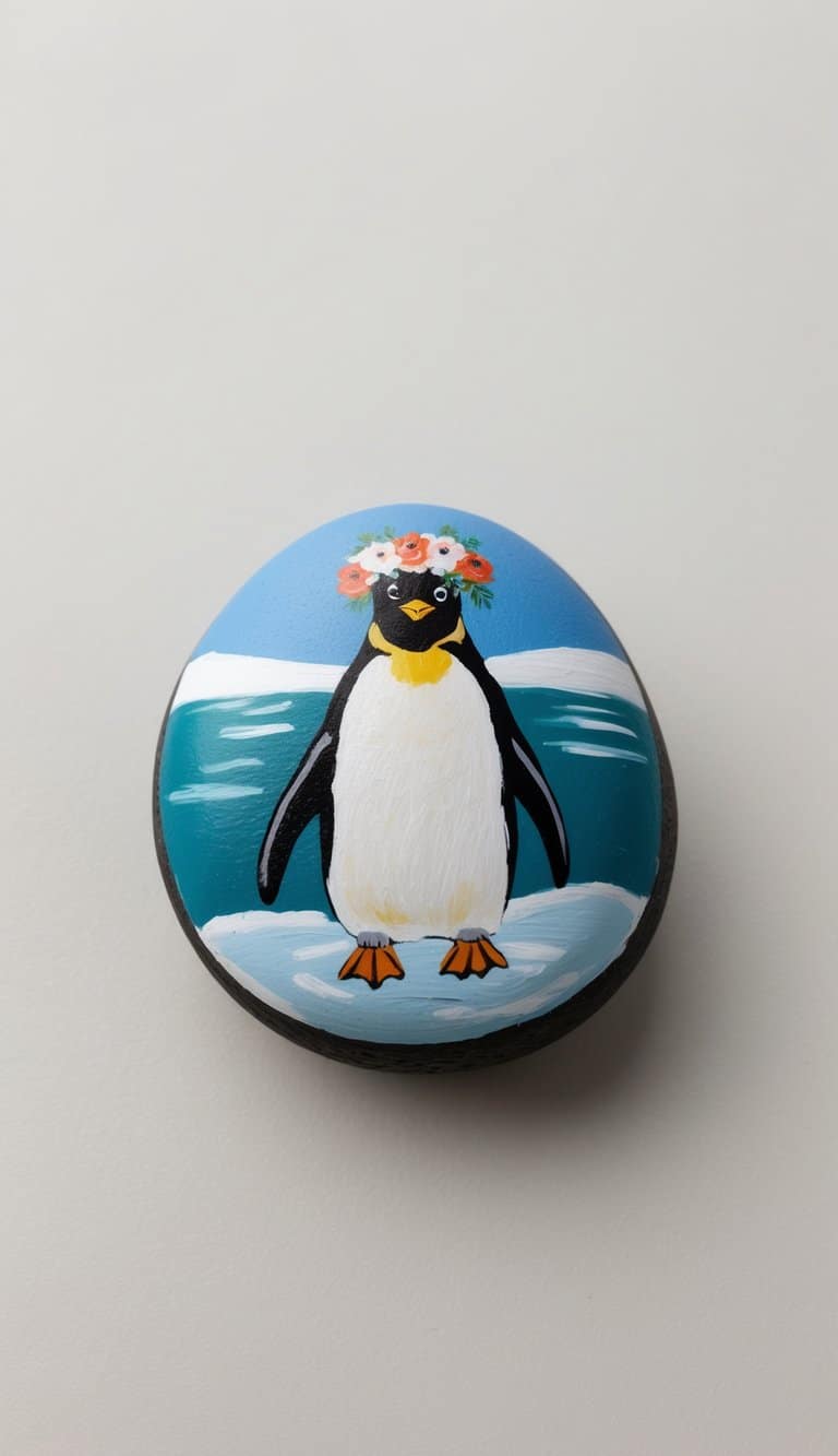 A penguin wearing a flower crown waddles on a snowy rock