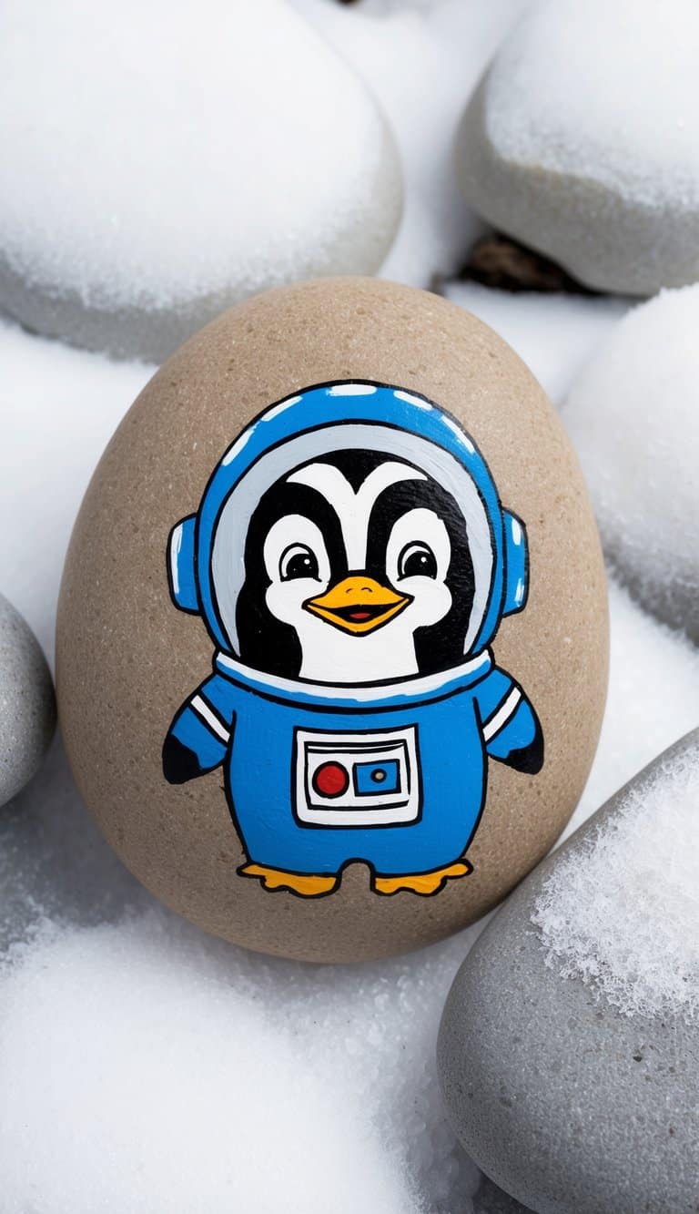 A penguin wearing a spacesuit, surrounded by snowy rocks, with a playful and whimsical expression on its face