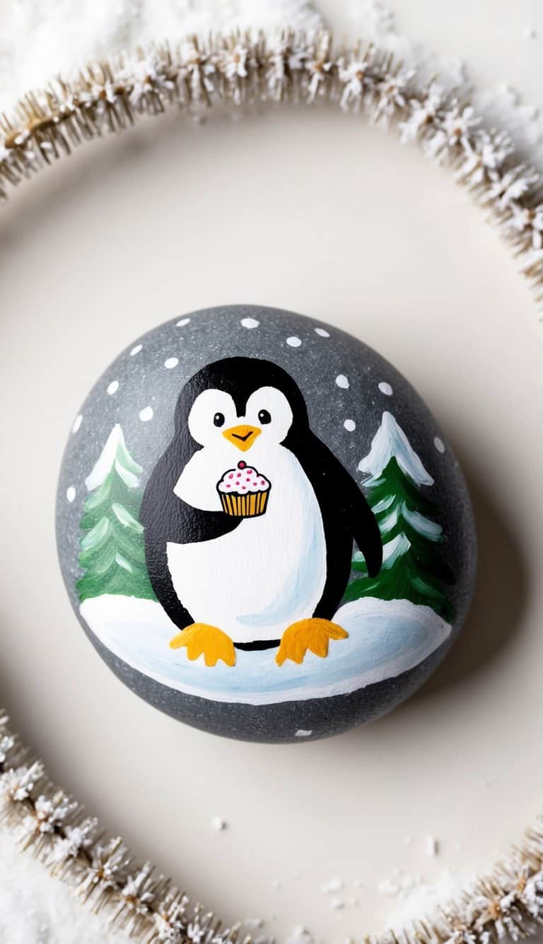A penguin holding a cupcake, surrounded by snow and winter-themed decorations