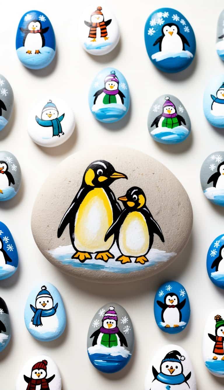 A penguin and penguinette waddling together among 50 painted rocks featuring winter fun scenes