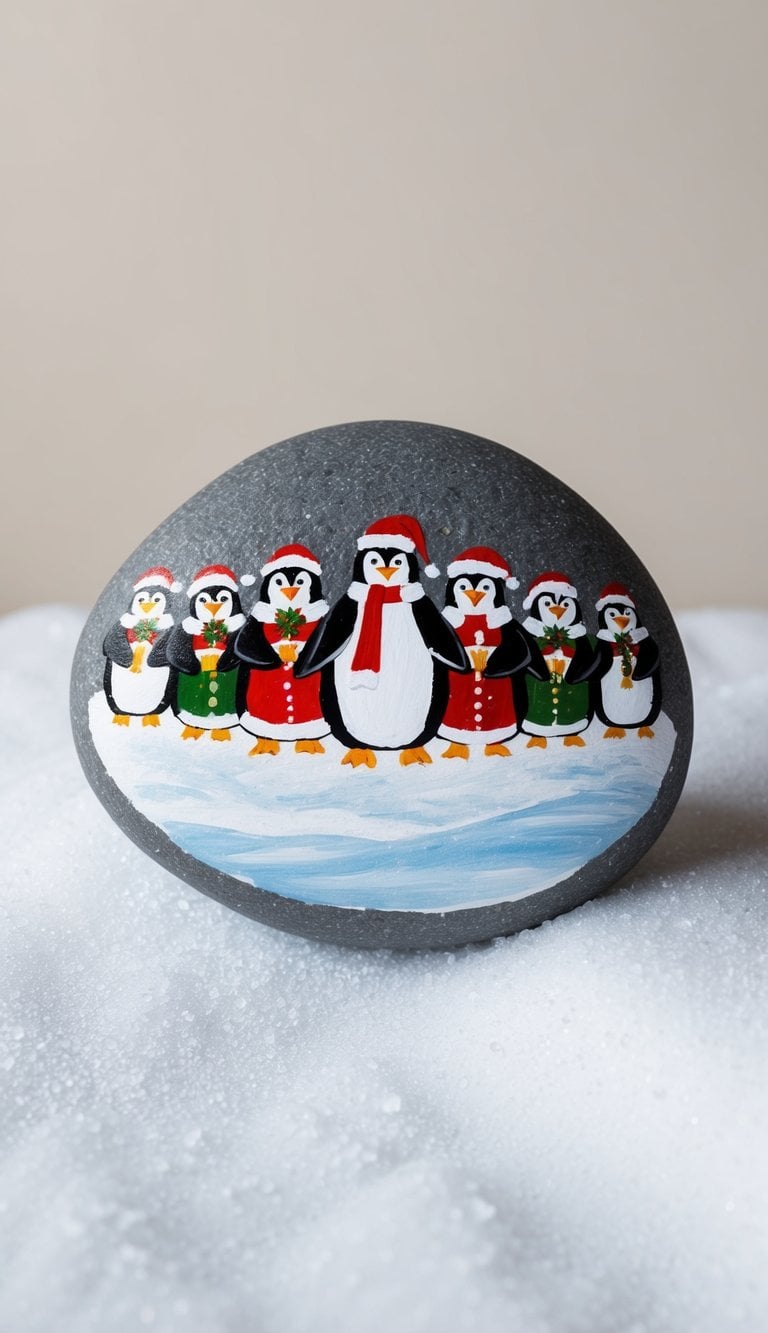 A group of penguin figures, dressed in festive attire, stand together singing Christmas carols on a snowy landscape